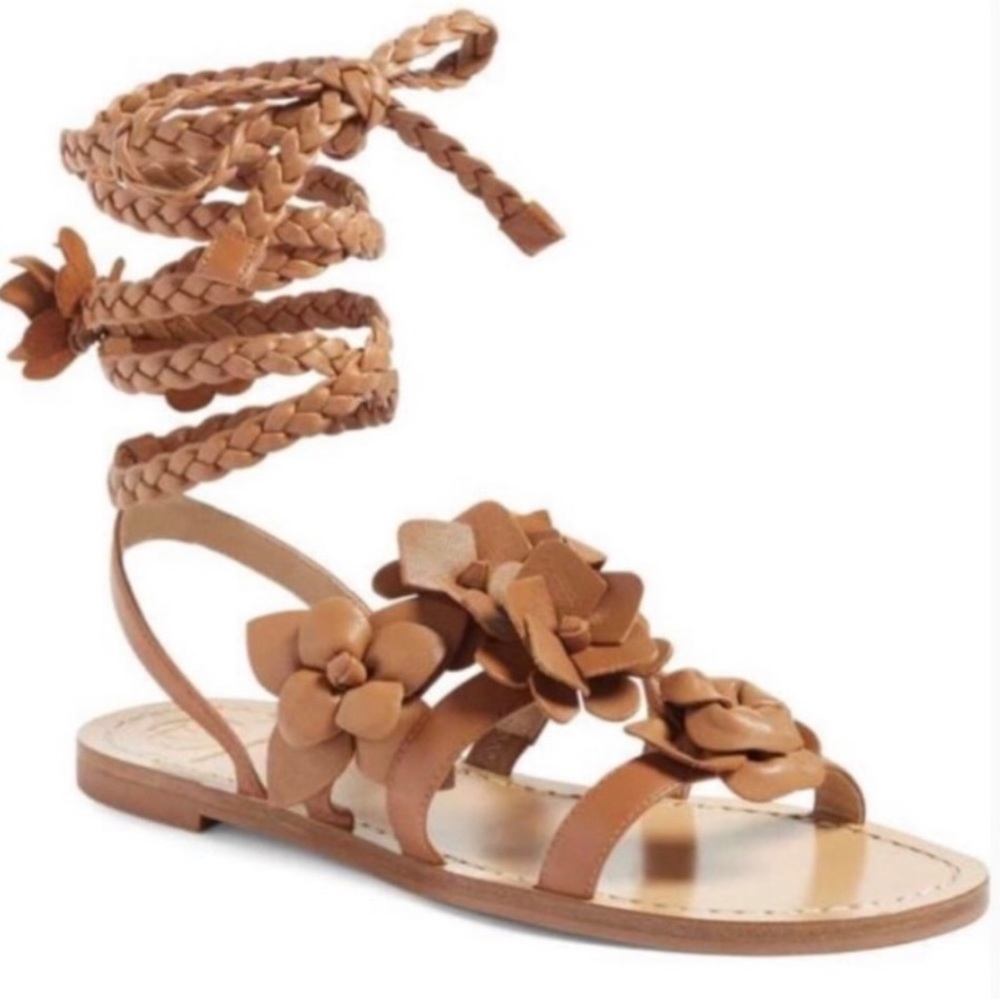 Tory Burch brown flat leather flower gladiator Sandals new 7.5